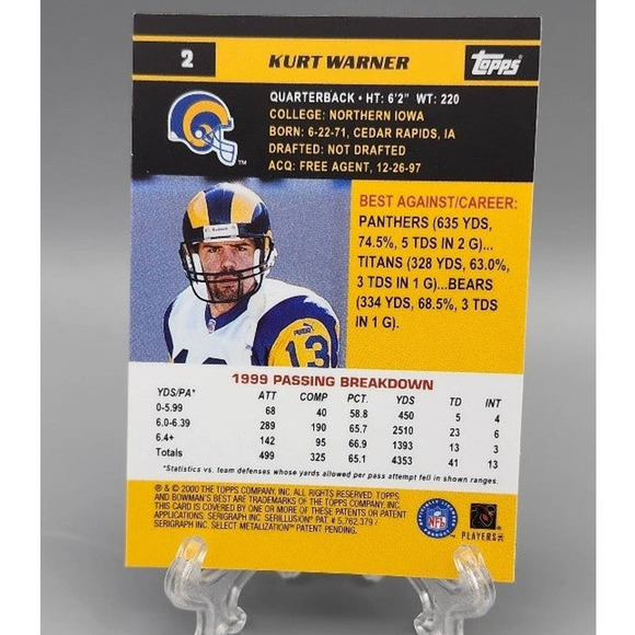 Kurt Warner, Quarterback, Topps/Bowman, 2000, #2 Trading Card - Picture 2 of 4